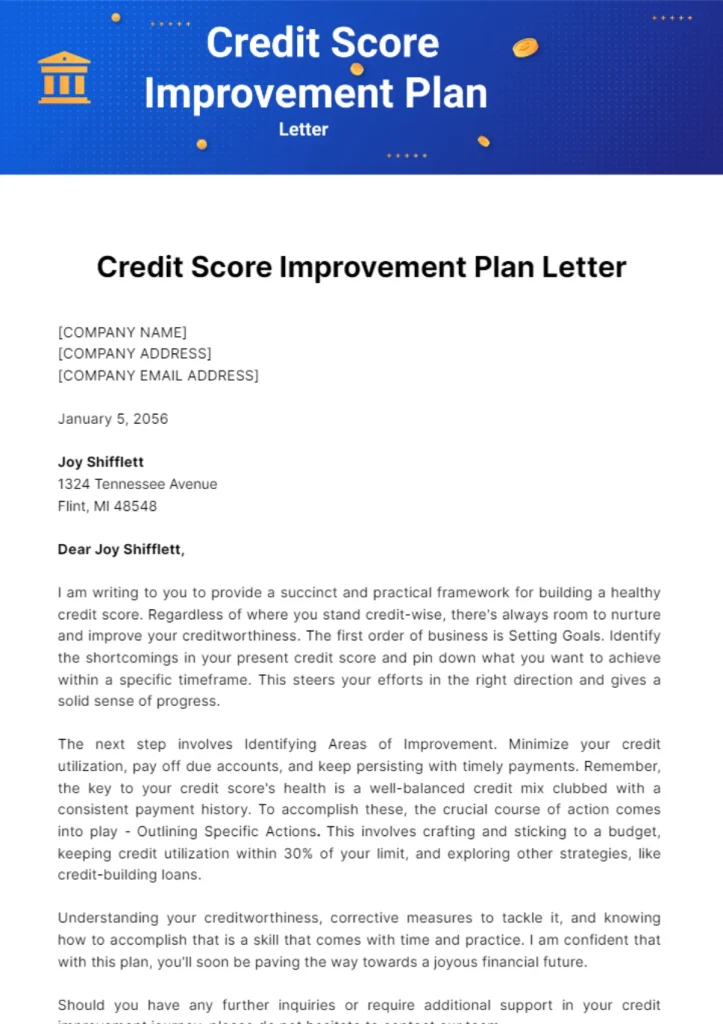 Free Credit Score Improvement Plan Letter Template to Edit Online