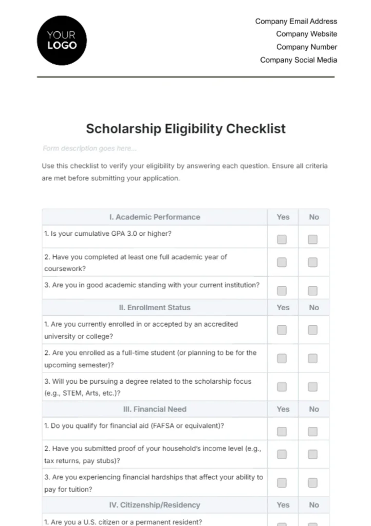 Free Scholarship Eligibility Checklist Template to Edit Online