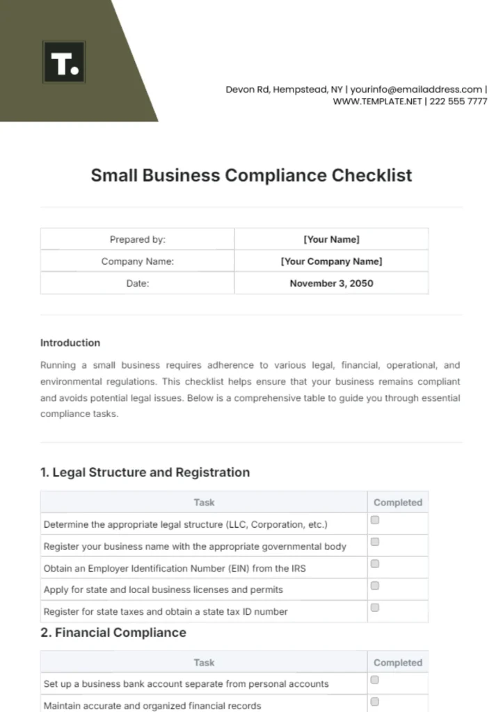 Free Small Business Compliance Checklist Template to Edit Online