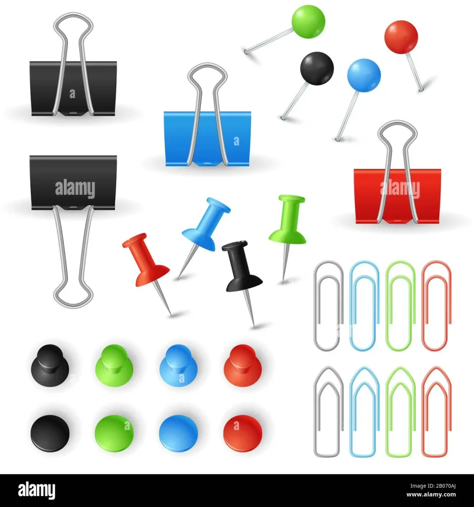 Paper clips, binders and pins vector set. Stationery tools for office